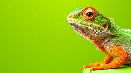 Fototapeta premium Colorful lizard perched on a vibrant green surface, showcasing its unique features and habitat
