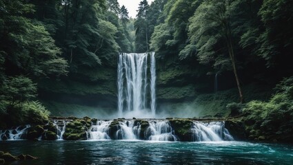 Fototapeta premium Lush Forest Waterfall Cascading Into Tranquil Pool With Vibrant Greenery And Clear Copy Space For Text Overlay