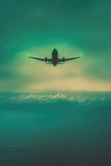 Naklejka premium Silhouette of aircraft soaring above clouds, enveloped in dreamy