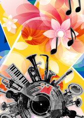 Fototapeta premium Music background with colorful music instruments and vinyl record disc vector illustration. Music festival poster with double bell euphonium, violoncello, trumpet, piano, euphonium, sax and guitar
