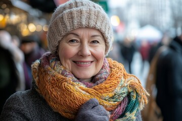 Smiling woman in winter attire stands in a bustling market during a chilly day