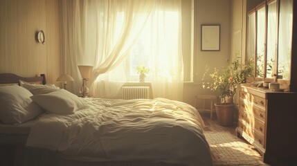 Cozy Sunlit Bedroom with Soft Textiles and Natural Decor Elements