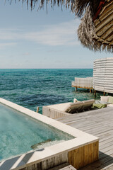 Luxury overwater villas with thatched roofs in the Maldives, featuring a private infinity pool, turquoise waters, and a serene tropical ambiance perfect for relaxation and a dream vacation in Maldives
