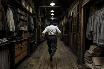 Fototapeta premium Man runs down a dimly lit corridor in a vintage building filled with old clothing and furniture