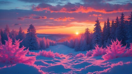 Stunning Winter Sunset Over Snowy Landscape With Vibrant Colors And Empty Space For Text Use