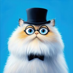 Fototapeta premium A stylish cat wearing a top hat and glasses, exuding a charming personality against a vibrant blue background.