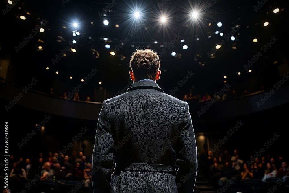 Poster model showcases fashion design on stage before captivated audience in an intimate theater setting