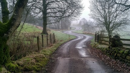 Fototapeta premium Winding Country Road Through Misty Landscape with Trees and Fences