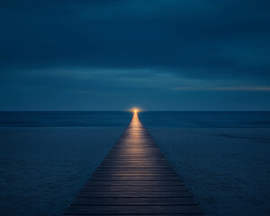 Obraz premium serene wooden pier extends into calm ocean at dusk, reflecting light