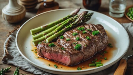 Juicy Beef Steak With Fresh Asparagus Garnished On A Rustic Plate Ideal For Culinary Promotions Featuring Space For Custom Text