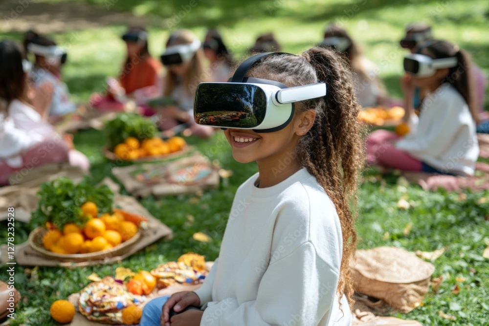 Poster children engage in virtual reality experience while enjoying picnic in the park under bright sunligh