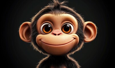 Cute cartoon monkey with big eyes and friendly smile on dark background