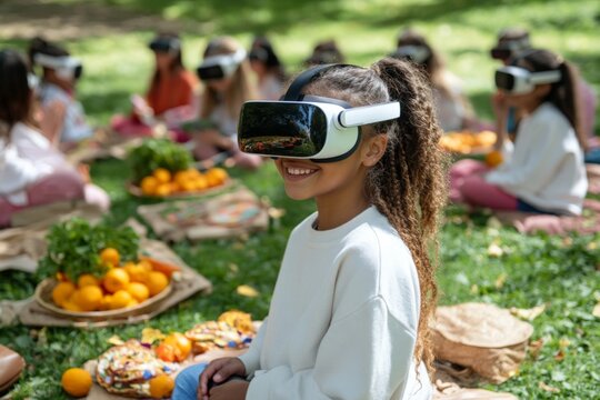Children engage in virtual reality experience while enjoying picnic in the park under bright sunlight