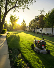 A lawn mower sits on a lush green lawn at sunset, ready for the task of maintaining the yard.