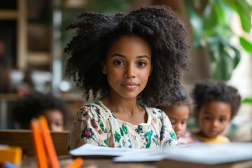 Fototapeta premium Young girl with curly hair focused on her work in a colorful classroom surrounded by classmates in a creative environment