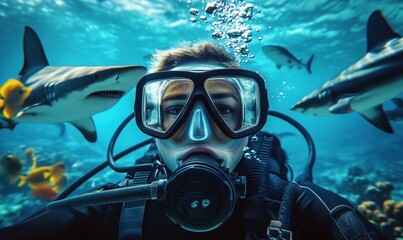 Diver exploring underwater world surrounded by sharks and marine life