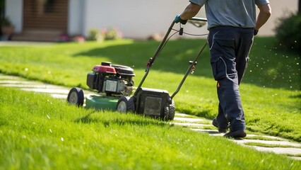 Obraz premium A man mowing the lawn with a gas-powered mower.