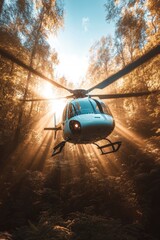 Helicopter soaring through vibrant forest, sunlight piercing thr