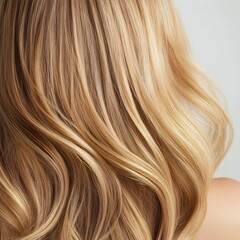 Naklejka premium Beautiful blonde hair with soft waves cascading over shoulders, showcasing a vibrant and healthy texture against a neutral background.