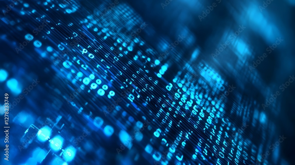 Poster Mesmerizing Digital Data Network Background in Vibrant Blue Tones  Futuristic abstract tech design with glowing pixels and circuits representing the power of information technology data processing
