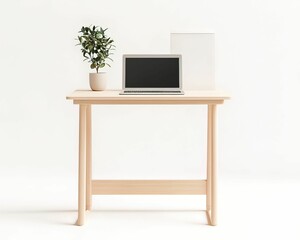 Compact remote work desk featuring a laptop minimalist home office modern design bright environment aesthetic viewpoint