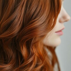 Naklejka premium Close-up of vibrant, wavy auburn hair cascading elegantly, showcasing its rich color and texture against a soft background.