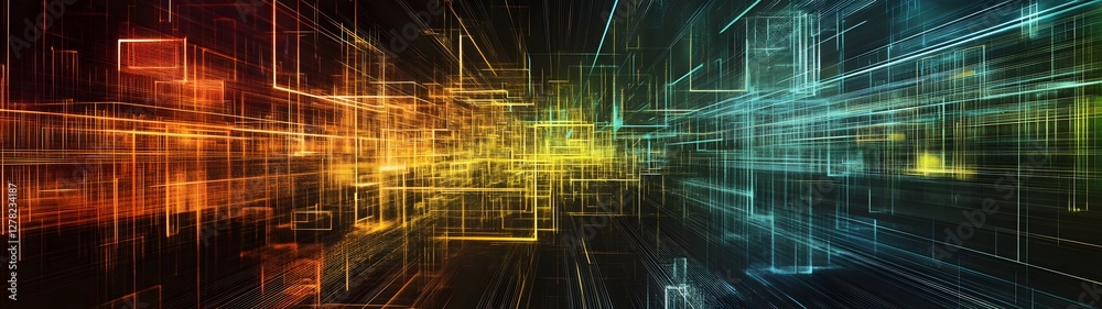 Poster Mesmerizing digital art composition featuring a kaleidoscopic display of vibrant luminous geometric shapes and patterns glowing and pulsating in a futuristic dreamlike cosmic space