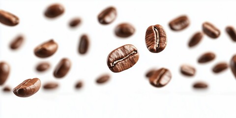 Obraz premium Flying coffee beans on white background showcasing freshness and quality