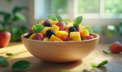 Fresh fruit salad with strawberries, mangoes, blackberries, and mint leaves
