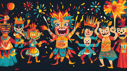 Colorful festival celebration with diverse dancers, joyful expressions, vibrant costumes, night setting, perfect for event promotion.