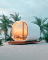 Fototapeta premium modern, sustainable pod house surrounded by palm trees at sunset