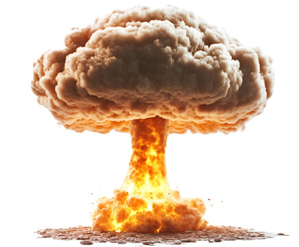 Nuclear explosion with mushroom cloud isolated on white background"