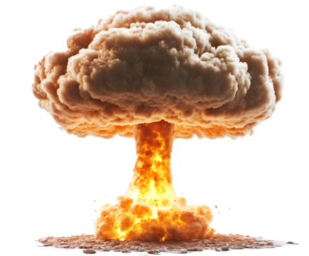 Nuclear explosion with mushroom cloud isolated on white background"
