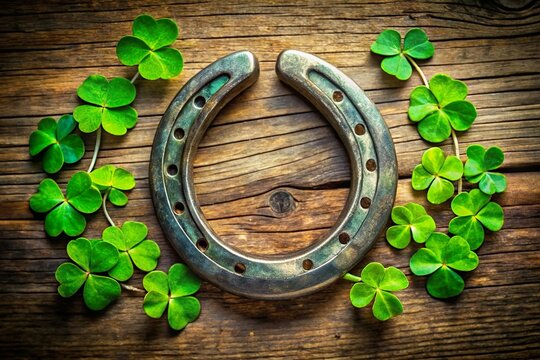 Lucky horseshoe green clovers. Good fortune symbol
