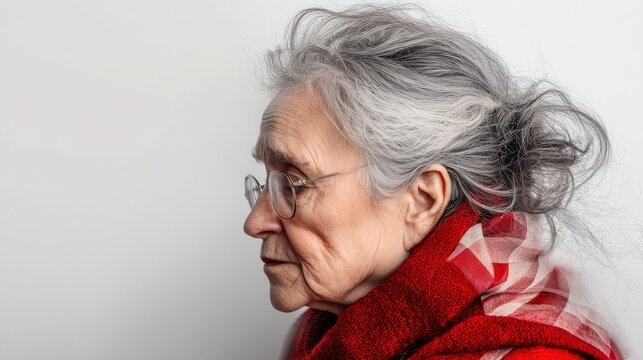 A thoughtful elderly woman looking down, lost in deep reflection and memories.