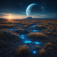 Alien planet with luminous blue grass and strange creatures grazing.