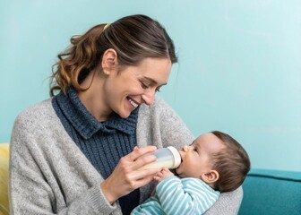 Caring babysitter feeding infant in cozy home setting indoor portrait warm atmosphere emotional connection female american perspective