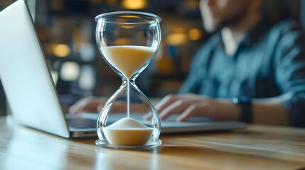 A clear glass hourglass with sand flowing down is placed next to a person working on a laptop, symbolizing the essence of time management and productivity in a modern workspace.