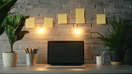 Creative workspace with colorful sticky notes and modern laptop home office interior design cozy environment close-up inspiration