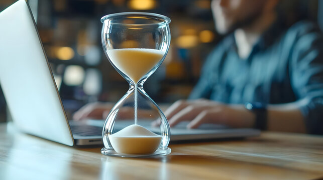 A clear glass hourglass with sand flowing down is placed next to a person working on a laptop, symbolizing the essence of time management and productivity in a modern workspace.