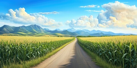Scenic rural landscape with cornfields and mountains under a blue sky