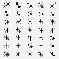 A collection of star icons in various shapes and styles. Star icons feature different designs, with stars and sparkles. Perfect for design projects needing star icons. Element vector set.