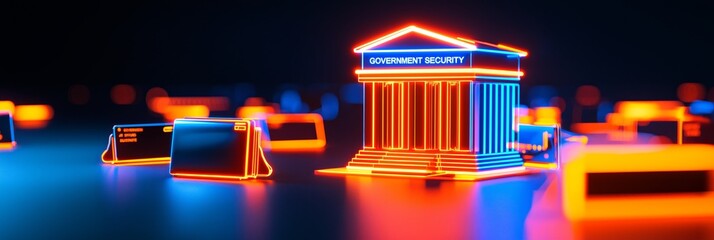 AI government  security  privacy concept. Neon-lit bank building among glowing, abstract financial icons.