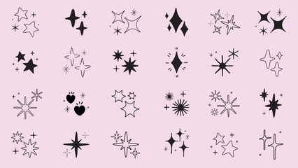 A collection of star icons in various shapes and styles. Star icons feature different designs, with stars and sparkles. Perfect for design projects needing star icons. Element vector set.