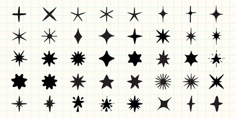 A collection of star icons in various shapes and styles. Star icons feature different designs, with stars and sparkles. Perfect for design projects needing star icons. Element vector set.