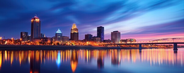 Fototapeta premium A vibrant city skyline at dusk, reflecting beautifully on the water with colorful lights and dramatic clouds.