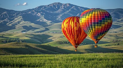Obraz premium Two vibrant hot air balloons soaring over lush green hills under a blue sky