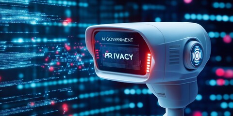 AI government  security  privacy concept. Surveillance camera highlighting privacy concerns in a digital environment.