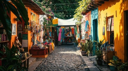 Fototapeta premium Colorful Outdoor Market Alley in Charming Vibrant Town Square