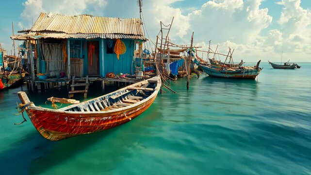 Colorful fishing boats anchored near a rustic wooden shack under a bright sky with clouds